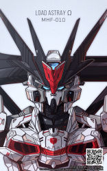 Rule 34 | artist name, azzalea, blue eyes, character name, commentary, english commentary, gundam, gundam lord astray omega, gundam seed, gundam seed astray, gundam seed astray tenku no hime, highres, looking at viewer, mecha, mobile suit, no humans, portrait, qr code, robot, science fiction, solo, v-fin