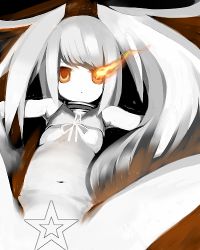 Rule 34 | 10s, 1girl, black rock shooter, black rock shooter (character), bra, covered erect nipples, female focus, flat chest, kyuu (pinpo), lingerie, long hair, lowres, monochrome, no pants, red eyes, solo, spread legs, twintails, underwear, vocaloid