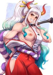 Rule 34 | 1girl, absurdres, blush, breasts, club, green hair, grin, hand on own hip, highres, horns, large breasts, long hair, looking at viewer, multicolored hair, muscular, muscular female, nipples, no bra, one breast out, one piece, simple background, smile, solo, weapon, white background, white hair, yamato (one piece), yellow eyes, yellow horns