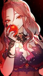 Rule 34 | 1girl, alternate breast size, apple, breasts, chain, chain necklace, cleavage, closed mouth, crown, dress, earrings, eyelashes, eyeshadow, fingernails, food, fruit, hair ornament, highres, holding, holding food, holding fruit, idolmaster, idolmaster cinderella girls, idolmaster cinderella girls starlight stage, jewelry, lace, large breasts, long fingernails, long hair, looking at viewer, makeup, nail polish, necklace, official alternate costume, official alternate hairstyle, parted bangs, ponytail, purple dress, purple nails, red apple, red eyes, red eyeshadow, red hair, ring, sharp fingernails, shizuru (daikoukaizidai), sidelocks, smile, solo, zaizen tokiko