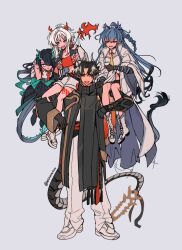 Rule 34 | 1boy, 3girls, :d, angry, arknights, black hair, black jacket, blue hair, boots, braid, braided ponytail, brother and sister, carrying, carrying person, chong yue (arknights), closed eyes, closed mouth, commentary request, crop top, crossed arms, dragon boy, dragon girl, dragon horns, dragon tail, dusk (arknights), facing viewer, family, frown, full body, gradient hair, green hair, grey background, hair over one eye, highres, horns, jacket, korean commentary, leg tattoo, ling (arknights), long hair, long sleeves, multicolored hair, multiple girls, necktie, nian (arknights), off shoulder, open clothes, open jacket, open mouth, pants, parted bangs, pointy ears, purple eyes, red eyes, red hair, red necktie, short hair, shorts, siblings, simple background, sisters, sitting, smile, streaked hair, tail, tattoo, twitter username, white footwear, white hair, white jacket, white pants, white shorts, wuwwux, yellow necktie