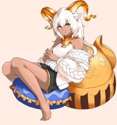 Rule 34 | 1girl, absurdres, animal ear fluff, animal ears, arknights, bare legs, bare shoulders, barefoot, beeswax (arknights), black shorts, brown background, cardigan, dark-skinned female, dark skin, female focus, full body, goat ears, goat girl, goat horns, highres, horns, long hair, looking at viewer, neti (cpu11151), off shoulder, open cardigan, open clothes, own hands together, parted lips, pillow, shirt, shorts, simple background, solo, steepled fingers, white cardigan, white hair, white shirt, yellow eyes