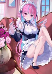 Rule 34 | 1girl, absurdres, ahoge, black footwear, blue dress, blue hair, blue nails, blush, breasts, candy, cleavage, colored inner hair, dress, food, high heels, highres, holding, holding candy, holding food, holding hair, holding lollipop, hololive, large breasts, lollipop, maid, maid headdress, minato aqua, multicolored hair, nail polish, open mouth, pink hair, purple eyes, smile, solo, taikoi7, thigh strap, two-tone hair, two side up, virtual youtuber