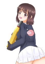 Rule 34 | 1girl, absurdres, akiyama yukari, alternate hairstyle, anglerfish, black gloves, blue jacket, blush, bob cut, brown eyes, brown hair, commentary request, fish, from behind, girls und panzer, gloves, highres, holding, jacket, leaning forward, long sleeves, looking at viewer, looking back, maikaooba, military, military uniform, miniskirt, ooarai military uniform, open mouth, partial commentary, pleated skirt, short hair, simple background, skirt, smile, solo, standing, uniform, white background, white skirt