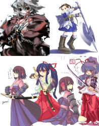Rule 34 | 4girls, atlus, axe, battle, battle axe, black hair, blue dress, boots, brown footwear, brown hair, bushidou (sekaiju), bushidou 2 (sekaiju), bushidou 4 (sekaiju), curse maker, curse maker 4, cursemaker, dress, etrian odyssey, from side, full body, gauntlets, highres, holding, holding weapon, japanese clothes, kimono, knee boots, long sleeves, miko, monster, multiple girls, obi, ponytail, profile, purple hair, samurai, sash, short hair, standing, swordsman (sekaiju), swordsman 4 (sekaiju), weapon