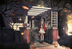 Rule 34 | 1girl, arm at side, autumn, autumn leaves, bare tree, black eyes, black hair, blunt bangs, bobby socks, bow, brick, brown footwear, building, bush, cardigan, dress, expressionless, flower, flower pot, gate, highres, holding, house, ironwork, jacket, jacket on shoulders, kaoming, lamp, layered clothes, leaf, legs together, long sleeves, looking at viewer, mailbox, motion blur, original, outdoors, plant, potted plant, shoes, short dress, socks, solo, standing, sunlight, sweater, tree, trellis, wall, watering can, white dress, white socks, wide shot, window