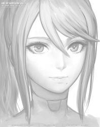 Rule 34 | 1girl, bodysuit, closed mouth, commentary, english commentary, gofelem, greyscale, hair between eyes, high ponytail, long hair, looking at viewer, metroid, mole, mole under mouth, monochrome, nintendo, portrait, samus aran, sidelocks, sketch, solo, super smash bros., swept bangs, zero suit