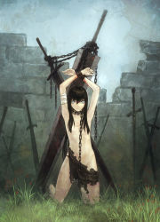 Rule 34 | 1girl, armpits, bad id, bad pixiv id, bandages, battlefield, bdsm, black hair, blood, blue eyes, bondage, bound, bound wrists, breasts, brick wall, chain, cuffs, field of blades, flat chest, grass, hair censor, hair over breasts, highres, huge weapon, injury, kneeling, kuyama516, long hair, looking at viewer, original, rag, scar, shackles, skirt, slave, solo, sword, torn clothes, torn skirt, weapon