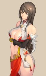 Rule 34 | 1girl, bad id, bad twitter id, bare shoulders, beige background, black eyes, breast hold, breasts, brown hair, center opening, cleavage, closed mouth, copyright request, cowboy shot, detached sleeves, dress, fur trim, km yama, large breasts, long hair, looking at viewer, navel, original, side slit, simple background, solo, turtleneck