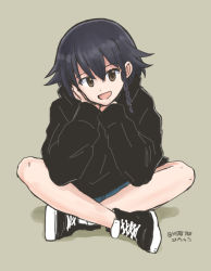 Rule 34 | 1girl, black hair, black shirt, blue shorts, braid, brown background, brown eyes, casual, commentary, cross-laced footwear, dated, full body, girls und panzer, hair tie, head rest, head tilt, indian style, long sleeves, looking at viewer, mutsu (layergreen), no legwear, one-hour drawing challenge, open mouth, pepperoni (girls und panzer), shadow, shirt, shoes, short hair, shorts, side braid, simple background, sitting, smile, sneakers, solo, twitter username