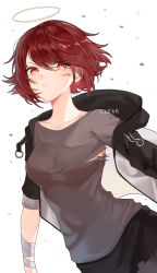 Rule 34 | 1girl, arknights, bandages, black skirt, breasts, chinese commentary, clear regulus, collarbone, commentary request, exusiai (arknights), grey shirt, hair between eyes, halo, jacket, looking at viewer, medium breasts, open clothes, open jacket, orange eyes, parted lips, red hair, shirt, short hair, short sleeves, simple background, skirt, solo, upper body, white background