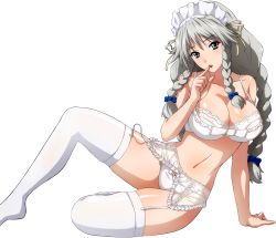 Rule 34 | 10s, 1girl, bow, bra, braid, breasts, cleavage, garter belt, grayfia lucifuge, grey eyes, grey hair, high school dxd, highres, large breasts, lingerie, lipstick, long hair, maid headdress, makeup, matching hair/eyes, mature female, navel, panties, red lips, solo, thighhighs, twin braids, underwear, white bra, white panties