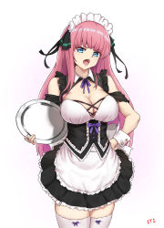 Rule 34 | 1girl, apron, black skirt, blue eyes, blunt bangs, blush, bow, bow legwear, breasts, cleavage, cyicheng, detached sleeves, frills, go-toubun no hanayome, hair ornament, hair ribbon, hand on own hip, holding, holding tray, large breasts, long hair, looking at viewer, maid, maid headdress, nakano nino, pink hair, purple bow, ribbon, simple background, skirt, solo, teeth, thighhighs, tray, upper teeth only, waist apron, white apron, white background, white thighhighs, wrist cuffs, zettai ryouiki