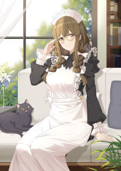 Rule 34 | 1girl, absurdres, alternate costume, apron, beads, blunt bangs, bookshelf, bow, braid, brown hair, cat, couch, curtains, enmaided, flower, french braid, glasses, hair bow, hair over shoulder, head tilt, highres, idolmaster, idolmaster shiny colors, kuwayama chiyuki, long hair, long sleeves, looking at viewer, maid, maid apron, maid headdress, pillow, puffy long sleeves, puffy sleeves, round eyewear, sitting, smile, solo, twin braids, vase, white apron, white bow, window, yellow-framed eyewear, yellow eyes, ying yanyu