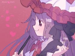 Rule 34 | 1girl, black bow, black jacket, bow, bowtie, brown eyes, brown hair, from side, hair bow, hand up, holding, holding umbrella, jacket, long hair, magia record: mahou shoujo madoka magica gaiden, magical girl, mahou shoujo madoka magica, one side up, paru rari, portrait, profile, red background, red bow, red bowtie, satomi touka, sidelocks, simple background, sketch, smile, solo, sparkle, twitter username, umbrella