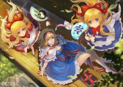 Rule 34 | 10s, 1girl, 2012, alice margatroid, apron, arm support, blonde hair, blue dress, blue eyes, blurry, book, bow, breasts, capelet, chestnut mouth, cleavage, cobblestone, depth of field, doll, dress, floating, food, frilled dress, frills, from above, grass, green eyes, grimoire, hair bow, hairband, hand fan, highres, holding, holding plate, hourai doll, juliet sleeves, leaf, light smile, lipstick, lolita hairband, long hair, long sleeves, looking at viewer, looking up, makeup, mary janes, mascara, no shoes, outdoors, paper fan, plate, puffy sleeves, reclining, red dress, red ribbon, ribbon, sash, shanghai doll, shoes, short hair, socks, solo, sunlight, teddy yang, touhou, uchiwa, veranda, wagashi, watermark, web address, white socks, wind chime, xiaji