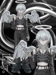 Rule 34 | 1other, abstract background, angel, angel wings, black footwear, black nails, black pants, black sleeves, black vest, cigarette, detached sleeves, feathered wings, halo, heterochromia, highres, holding, holding cigarette, open mouth, original, pants, shoes, vest, white eyes, white hair, white halo, white wings, wings, yuutsu (umrs8555)
