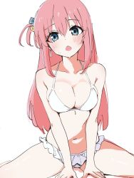 Rule 34 | 1girl, :o, bare arms, bare shoulders, bikini, blush, bocchi the rock!, breasts, cleavage, collarbone, cube hair ornament, gotoh hitori, green eyes, hair ornament, highres, large breasts, long hair, navel, pink hair, sitting, solo, spread legs, stomach, swimsuit, ukitaryu, white bikini
