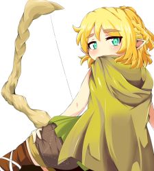 Rule 34 | 1girl, bad id, bad pixiv id, blonde hair, bow (weapon), brown thighhighs, cape, cosplay, dragon&#039;s crown, elf (dragon&#039;s crown), elf (dragon&#039;s crown) (cosplay), green eyes, karatakewari, looking at viewer, looking back, mizuhashi parsee, pointy ears, shorts, solo, thighhighs, touhou, weapon