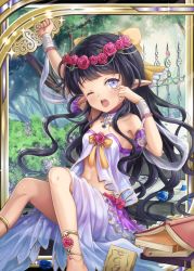 Rule 34 | 1girl, age regression, akkijin, armpits, black hair, book, breasts, card (medium), chair, cleavage, dress, elf, flower, garden, gauntlets, head wreath, long hair, official art, one eye closed, open book, petals, pink flower, pink rose, pointy ears, purple eyes, rose, rose bush, rose petals, see-through, shinkai no valkyrie, sitting, small breasts, tree, waking up, white dress, yawning, aged down