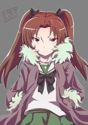 Rule 34 | 1girl, alternate neckwear, artist name, black bow, black bowtie, blouse, bob (you-u-kai), bow, bowtie, brown coat, brown eyes, brown hair, closed mouth, coat, commentary, cowboy shot, frown, fur-trimmed coat, fur trim, girls und panzer, glaring, green skirt, half-closed eyes, hands in pockets, kadotani anzu, long hair, long sleeves, looking at viewer, miniskirt, one-hour drawing challenge, ooarai school uniform, open clothes, open coat, parted bangs, pleated skirt, school uniform, serafuku, shirt, signature, simple background, skirt, solo, standing, twintails, white shirt