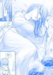 Rule 34 | 1girl, bed, bed sheet, blue theme, blush, breasts, closed eyes, comic, commentary request, cup, dress shirt, getsuyoubi no tawawa, hair over eyes, half-closed eyes, heart, himura kiseki, large breasts, long hair, maegami-chan (tawawa), messy hair, monochrome, mug, pajamas, parted lips, partially unbuttoned, shirt, silent comic, smile, spoken heart, waking up