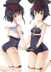 Rule 34 | 2girls, ass, bad id, bad pixiv id, bare arms, bare legs, bare shoulders, black gloves, black hair, blush, breasts, brown eyes, brown neckwear, character name, clothes writing, crop top, feet out of frame, framed breasts, gloves, grin, headset, highres, holding hands, i-13 (kancolle), i-14 (kancolle), kantai collection, kneeling, kneepits, looking at viewer, looking back, multiple girls, neck ribbon, one-piece swimsuit, partially fingerless gloves, ribbon, sailor collar, short hair, simple background, single glove, single sidelock, sleeveless, small breasts, smile, swimsuit, teeth, thigh strap, twitter username, white background, white sailor collar, yuuki kazuhito
