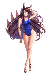 Rule 34 | akagi (azur lane), animal ear fluff, animal ears, azur lane, blue one-piece swimsuit, breasts, brown hair, competition swimsuit, covered navel, floating hair, fox ears, hand in own hair, highres, kitsune, large breasts, long hair, multiple tails, one-piece swimsuit, red eyes, rialynkv, solo, swimsuit, tail, very long hair