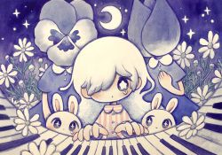 Rule 34 | 1girl, blue dress, blue flower, blue pansy, crescent, dated, dress, flower, grey eyes, hair over one eye, hand up, hands up, highres, instrument, keyboard (instrument), long hair, original, pansy, plant, signature, tears, tulip, upper body, white flower, white hair, zukky000