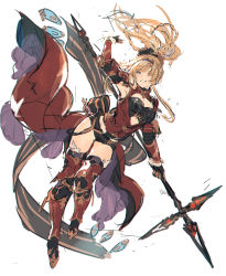 Rule 34 | alternate costume, alternate hairstyle, armor, armpits, bad link, blonde hair, blue eyes, boots, breasts, cleavage, gauntlets, granblue fantasy, greaves, hairband, highres, holding, holding polearm, holding weapon, long hair, polearm, ribbon, shimatani azu, short shorts, shorts, simple background, smile, thighs, weapon, white background, zeta (granblue fantasy)