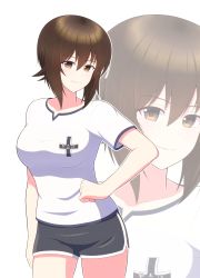 Rule 34 | 1girl, absurdres, black shorts, brown eyes, brown hair, closed mouth, commentary request, cowboy shot, dolphin shorts, emblem, girls und panzer, gym shirt, gym uniform, hand on own hip, highres, iteza (flapper girl 25), kuromorimine (emblem), looking at viewer, nishizumi maho, partial commentary, shirt, short hair, short shorts, short sleeves, shorts, simple background, smile, solo, standing, white background, white shirt, zoom layer