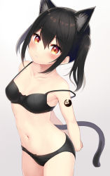 Rule 34 | 1girl, animal ears, arm tattoo, arms behind back, bare arms, black hair, black panties, blush, bow, bow panties, bra, breasts, brown eyes, cat ears, cat girl, cat tail, collarbone, commentary request, cowboy shot, extra ears, hair between eyes, highres, looking at viewer, minamura haruki, navel, original, panties, sidelocks, simple background, small breasts, solo, standing, stomach, strap slip, tail, tattoo, twintails, underwear, underwear only, white background