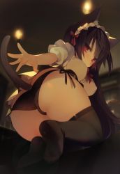 Rule 34 | 1girl, animal ears, ass, black hair, black panties, black skirt, black thighhighs, blurry, blurry background, blush, book, bookshelf, bow, bowtie, breasts, cafe, cafe maid (love live!), cat ears, cat tail, center frills, couch, covered erect nipples, curtains, floor, frilled skirt, frills, from behind, from below, hair bow, hair ribbon, highres, indoors, kneeling, large breasts, lens flare, long hair, looking at viewer, looking back, lowleg, lowleg panties, maid, maid headdress, miniskirt, no shoes, original, outstretched arm, outstretched hand, panties, reaching, reaching towards viewer, red bow, red eyes, ribbon, side-tie panties, sidelocks, skindentation, skirt, soles, solo, tail, thighhighs, thighs, toes, underwear, very long hair, window, yoruneko
