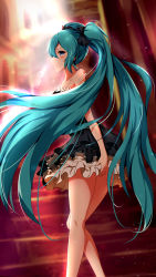 Rule 34 | 1girl, aqua eyes, aqua hair, bare legs, bare shoulders, black dress, blush, commentary request, dress, from behind, hair between eyes, hatsune miku, highres, long hair, long legs, looking at another, looking back, solo, stairs, twintails, very long hair, vocaloid, xiao ren
