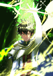 Rule 34 | 1boy, absurdres, black clover, blue cape, cape, capelet, fur-trimmed capelet, fur trim, glowing, glowing hand, glowing weapon, green eyes, green hair, halo, highres, holding, holding sword, holding weapon, ikecchi (hayato moon), looking at viewer, magic, solo, sword, uniform, weapon, wind, yellow capelet, yuno (black clover)