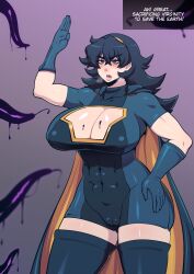 Rule 34 | 1girl, abs, black hair, blue cape, blue gloves, bodysuit, breasts, butter sugoi, cameltoe, cape, cleavage, cleavage cutout, clothing cutout, covered erect nipples, cowboy shot, english text, gloves, gold hairband, green eyes, hairband, hand on own hip, heavy breathing, highres, huge breasts, impossible bodysuit, impossible clothes, lips, muscular, muscular female, open mouth, original, short sleeves, skin tight, slime (substance), solo, tentacles, thick thighs, thighhighs, thighs, two-sided cape, two-sided fabric