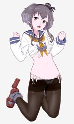 Rule 34 | 1girl, anchor, black pantyhose, blue sailor collar, chain, front-tie top, grey background, grey hair, hat, kantai collection, long sleeves, looking at viewer, midriff, multicolored hair, navel, neckerchief, ojipon, open mouth, panties, panties under pantyhose, pantyhose, rudder footwear, sailor collar, shirt, short hair with long locks, side-tie panties, simple background, solo, tied shirt, tokitsukaze (kancolle), underwear, white panties, yellow neckerchief