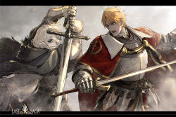 Rule 34 | 1boy, 1girl, armor, belt, black cape, blonde hair, cape, gauntlets, green eyes, grey knight julia, grey sky, holding, holding sword, holding weapon, laurel knight sylvester, long hair, open mouth, outdoors, pixiv fantasia, pixiv fantasia last saga, plate armor, pointy ears, red cape, ryuuzaki ichi, sheath, sky, standing, sword, weapon, white hair