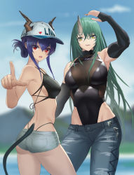 Rule 34 | 2girls, absurdres, arknights, bare arms, bare legs, bare shoulders, bikini, blue hair, breasts, ch&#039;en (arknights), ch'en (arknights), denim, dragon girl, dragon horns, dragon tail, elbow gloves, female tourist c (arknights), fingerless gloves, food, gloves, green hair, hair between eyes, hat, highres, horns, hoshiguma (arknights), jeans, long hair, looking at viewer, looking back, multiple girls, official alternate costume, onigiri, open mouth, pants, peaked cap, pointing, red eyes, short hair, shorts, single horn, skin-covered horns, smile, stomach, swimsuit, tail, torn clothes, torn legwear, yellow eyes, yoshimitsu kataha