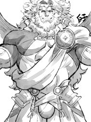Rule 34 | 1boy, abs, ancient greek clothes, bara, beard, bulge, cowboy shot, facial hair, fate/grand order, fate (series), greco-roman clothes, greyscale, grin, highres, long hair, looking at viewer, male focus, mature male, monochrome, muscular, muscular male, old, old man, pectoral cleavage, pectorals, sash, shirako (kirupi), sidepec, smile, solo, thick thighs, thighs, very long hair, zeus (fate)