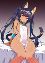 Rule 34 | 1girl, :q, animal ears, armlet, black background, breasts, cat ears, cat girl, cat tail, egyptian clothes, gradient background, headpiece, highres, kamidan, long hair, looking at viewer, original, pelvic curtain, red eyes, sideless outfit, sitting, small breasts, solo, tail, thick thighs, thighs, tongue, tongue out, twintails