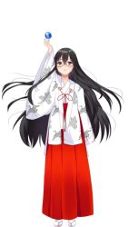 Rule 34 | 1girl, arm at side, arm up, bad id, bad pixiv id, black hair, copyright request, full body, glasses, hakama, hakama skirt, japanese clothes, long hair, miko, misaki (misaki86), official art, orb, red eyes, skirt, standing, straight-on, tachi-e, transparent background, very long hair, white legwear, wide sleeves