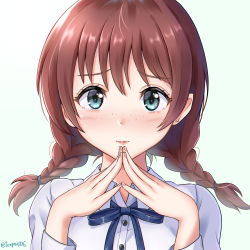 Rule 34 | 1girl, aqua eyes, artist name, artist request, blouse, blue bow, blue eyes, blue ribbon, blush, bow, bowtie, braid, breasts, brown hair, buttons, close-up, collared shirt, emma verde, female focus, fingers together, freckles, hair between eyes, hair tie, highres, index fingers together, long hair, long sleeves, looking at viewer, love live!, love live! nijigasaki high school idol club, love live! school idol festival, nail, nail polish, parted lips, pink nails, red hair, ribbon, shirt, small breasts, smile, solo, twin braids, twintails, upper body, white background, white shirt, wing collar