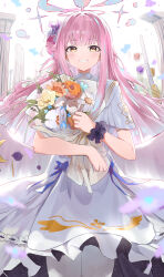Rule 34 | 1girl, absurdres, angel wings, blue archive, blue flower, blush, cowboy shot, crescent, crescent pin, dress, feathered wings, flower, grin, hair bun, hair flower, hair ornament, halo, highres, jsscj, long hair, mika (blue archive), orange flower, pantyhose, pink hair, pink halo, purple flower, single side bun, smile, solo, white dress, white flower, white pantyhose, white wings, wings, yellow eyes, yellow flower