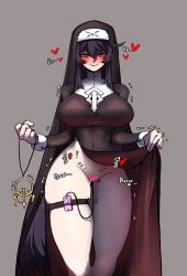 Rule 34 | 1girl, absurdres, black hair, blush, breasts, censored, curvy, ginseng (xin), gloves, groin, hair between eyes, heart, heart censor, highres, jewelry, unworn jewelry, large breasts, last origin, long hair, looking at viewer, necklace, unworn necklace, no panties, nun, object insertion, pussy juice, red eyes, sex toy, smile, solo, standing, thick thighs, thigh strap, thighs, trembling, vaginal, vaginal object insertion, veronica type-asc, very long hair, vibrator, vibrator cord, vibrator in thigh strap, white gloves, wide hips