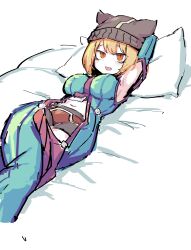 Rule 34 | 1girl, :d, absurdres, alasharx, aqua bodysuit, arm up, armpit cutout, beanie, bed, bike shorts, breasts, brown panties, clothing cutout, eyes visible through hair, fang, grey hat, grey shorts, hat, highres, lying, medium breasts, navel, on back, on bed, open mouth, orange eyes, panties, panties over bike shorts, panties over clothes, pillow, sequel (series), sequel kludge, short hair, shorts, smile, solo, underwear, vyner (sequel)