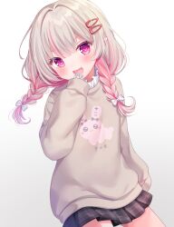 Rule 34 | 1girl, black skirt, blonde hair, blue nails, bow, braid, brown sweater, hair bow, hair ornament, hairclip, highres, komachi pochi, long hair, long sleeves, looking at viewer, makaino ririmu, multicolored hair, nijisanji, open mouth, pink eyes, pink hair, pointy ears, skirt, solo, streaked hair, sweater, twin braids, two-tone hair, virtual youtuber, white bow