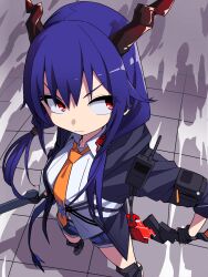 Rule 34 | 1girl, arknights, black footwear, black gloves, boots, breasts, ch&#039;en (arknights), closed mouth, collared shirt, dragon horns, dual wielding, gloves, hair between eyes, highres, holding, holding weapon, horns, jacket, necktie, open clothes, open jacket, orange necktie, red eyes, shirt, shorts, small breasts, solo, standing, weapon, white shirt, yachima tana