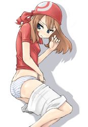 Rule 34 | 00s, 1girl, artist request, bandana, blue eyes, blue panties, brown hair, clothes pull, creatures (company), drop shadow, game freak, may (pokemon), nintendo, panties, pants, pants pull, pokemon, pokemon rse, shadow, simple background, skirt, solo, striped clothes, striped panties, underwear, white background, white skirt