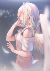 Rule 34 | 1girl, absurdres, angel wings, black bra, bra, chromatic aberration, dress, closed eyes, feathered wings, feathers, from side, hand to own mouth, highres, linmiu (smilemiku), medium hair, off shoulder, open mouth, original, profile, signature, single bare shoulder, solo, underwear, upper body, white dress, white hair, white wings, wings, yawning